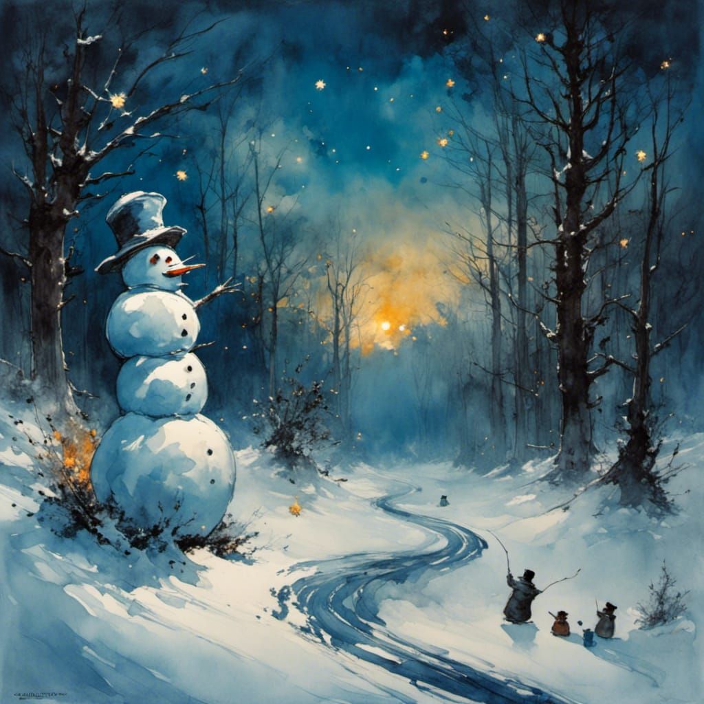 Snowmen Getting High in Winter Twilight