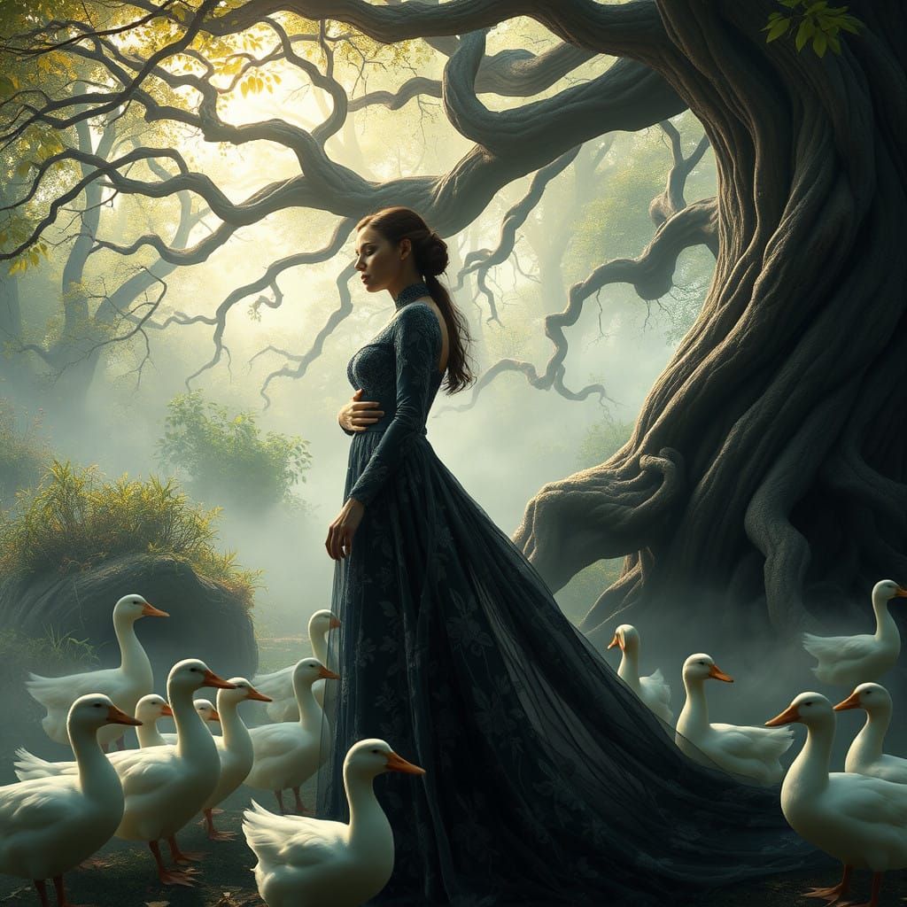 Enchanted Forest Woman with Playful Ducks in Whimsical Art