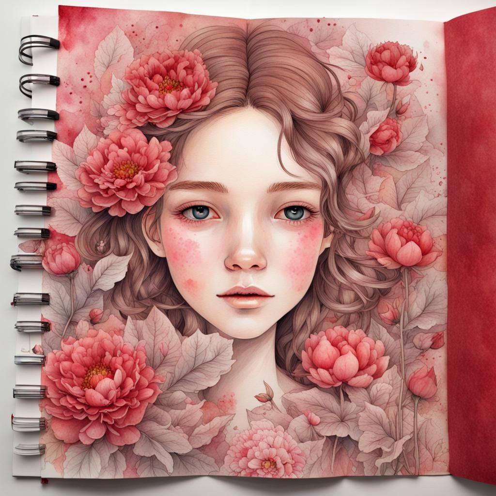 Smiling Girl with Peonies in Watercolor Style