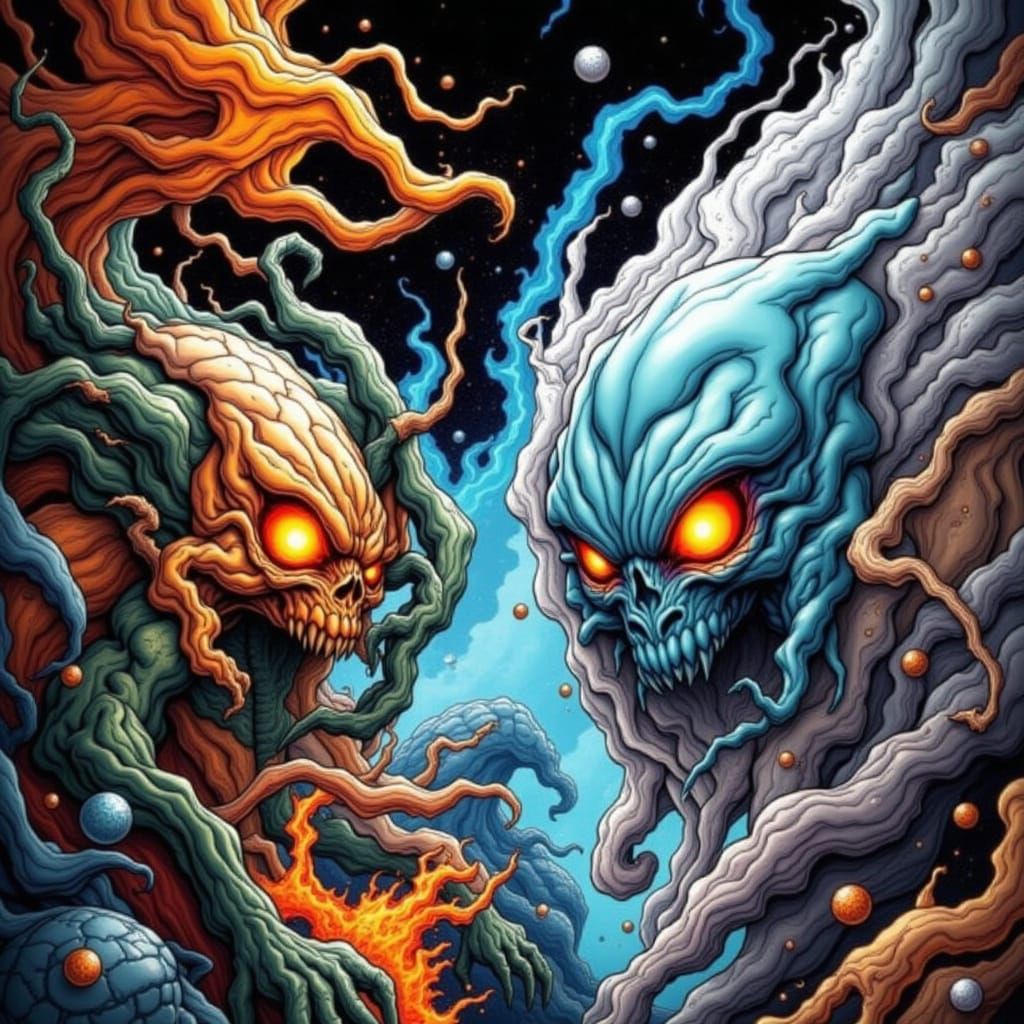 Fantasy Slime Battles a Metallic Mimic in Dark, Vibrant Hues