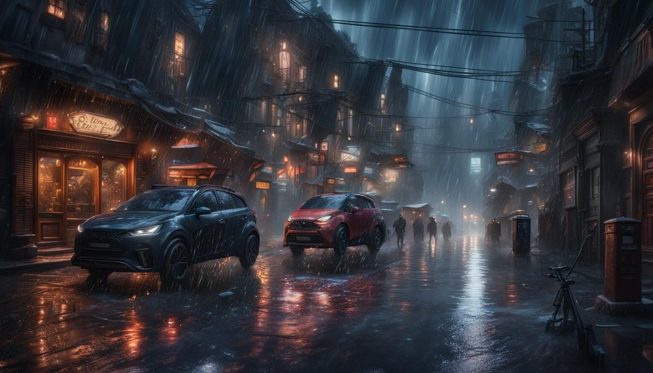Hyperrealistic Rainy Night in Detailed Matte Painting Style