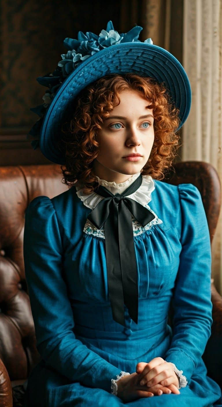 Young Victorian-Era Woman Lost in Thought with Rich Hair and...
