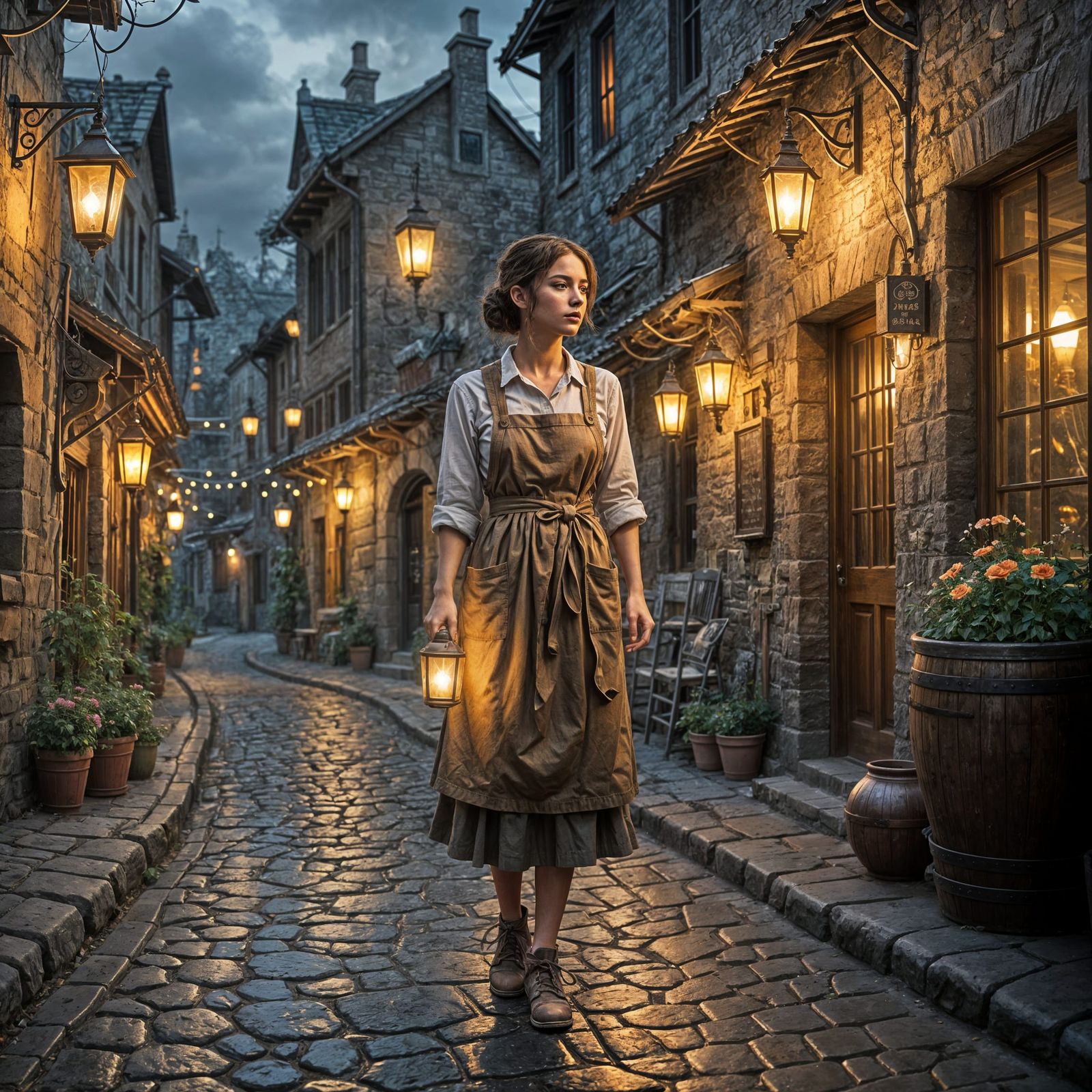 Woman and Old Town Streets Double Exposure in Lantern Light