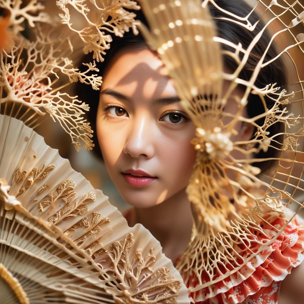 Woman's Portrait with Coral Fan in Soft Natural Light