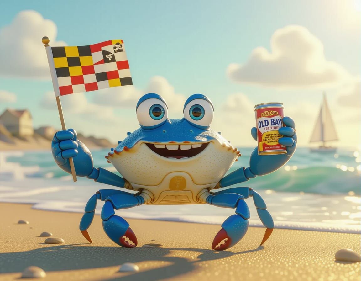 Pixar Style Blue Crab With Maryland Flag and Old Bay