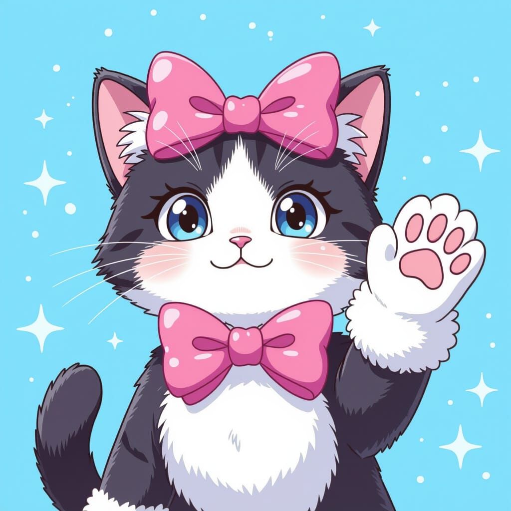 Anime Cat Waving in Pastel Pop Art Style