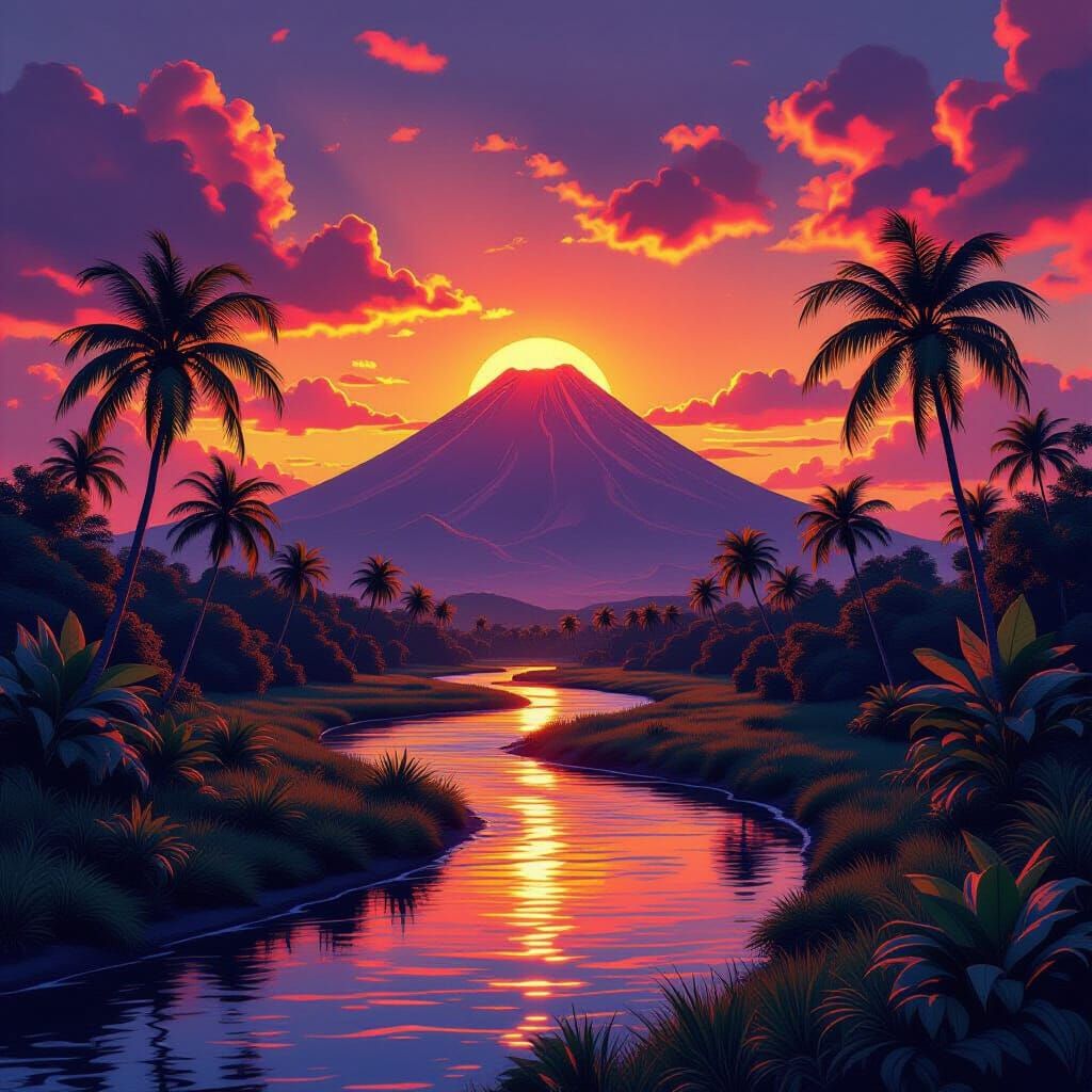 A vibrant sunset casts fiery hues over a tropical landscape,...