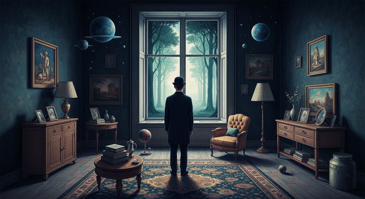Man in Cosmic Living Room Gazing at Surreal Forest