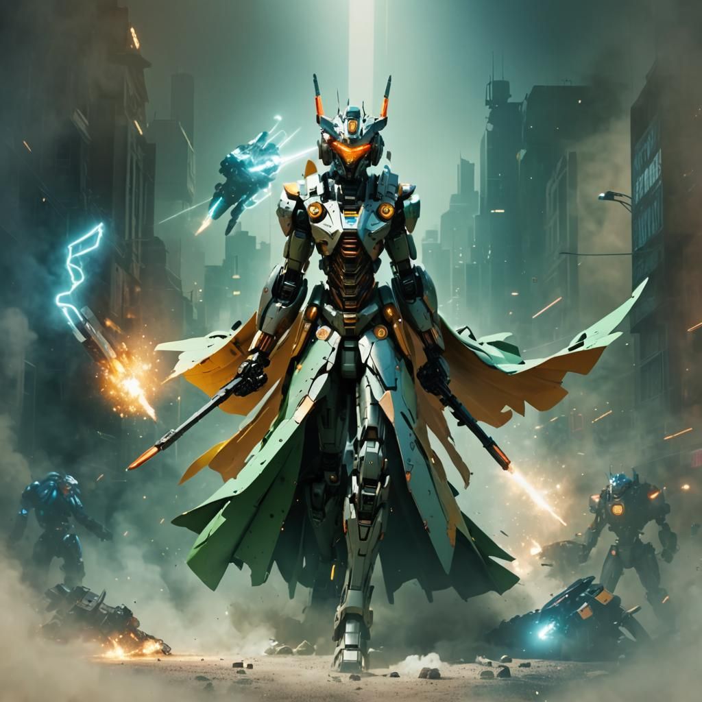 Epic Mecha Battle with Cinematic Lighting