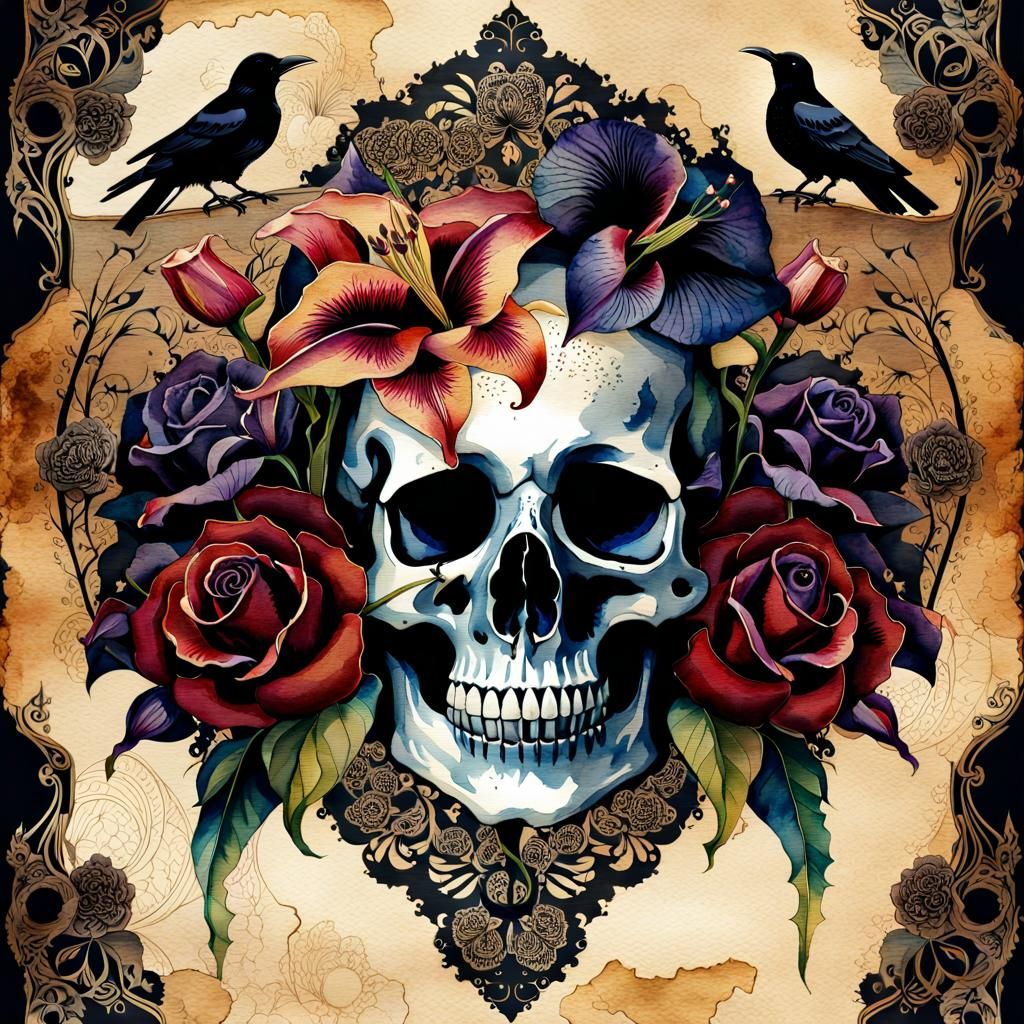 Gothic Skull with Roses and Lilies in Watercolor