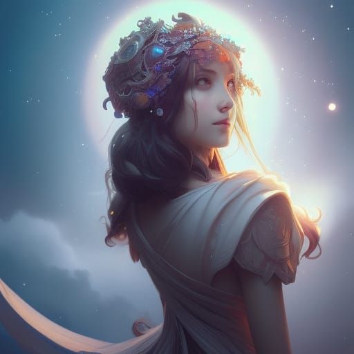 Girl with Moon Crown: Hyperdetailed Portrait