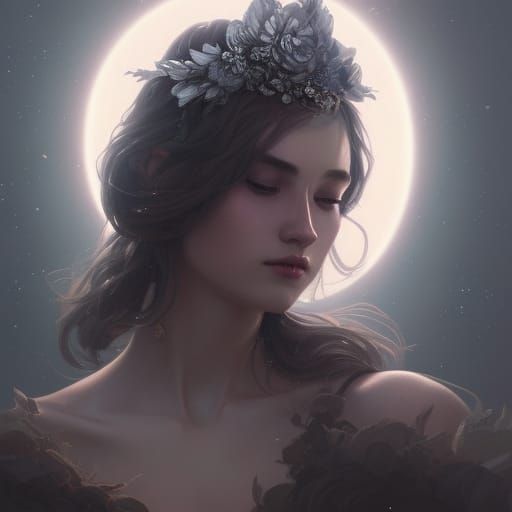 Girl in Moon Crown: Detailed Digital Portrait