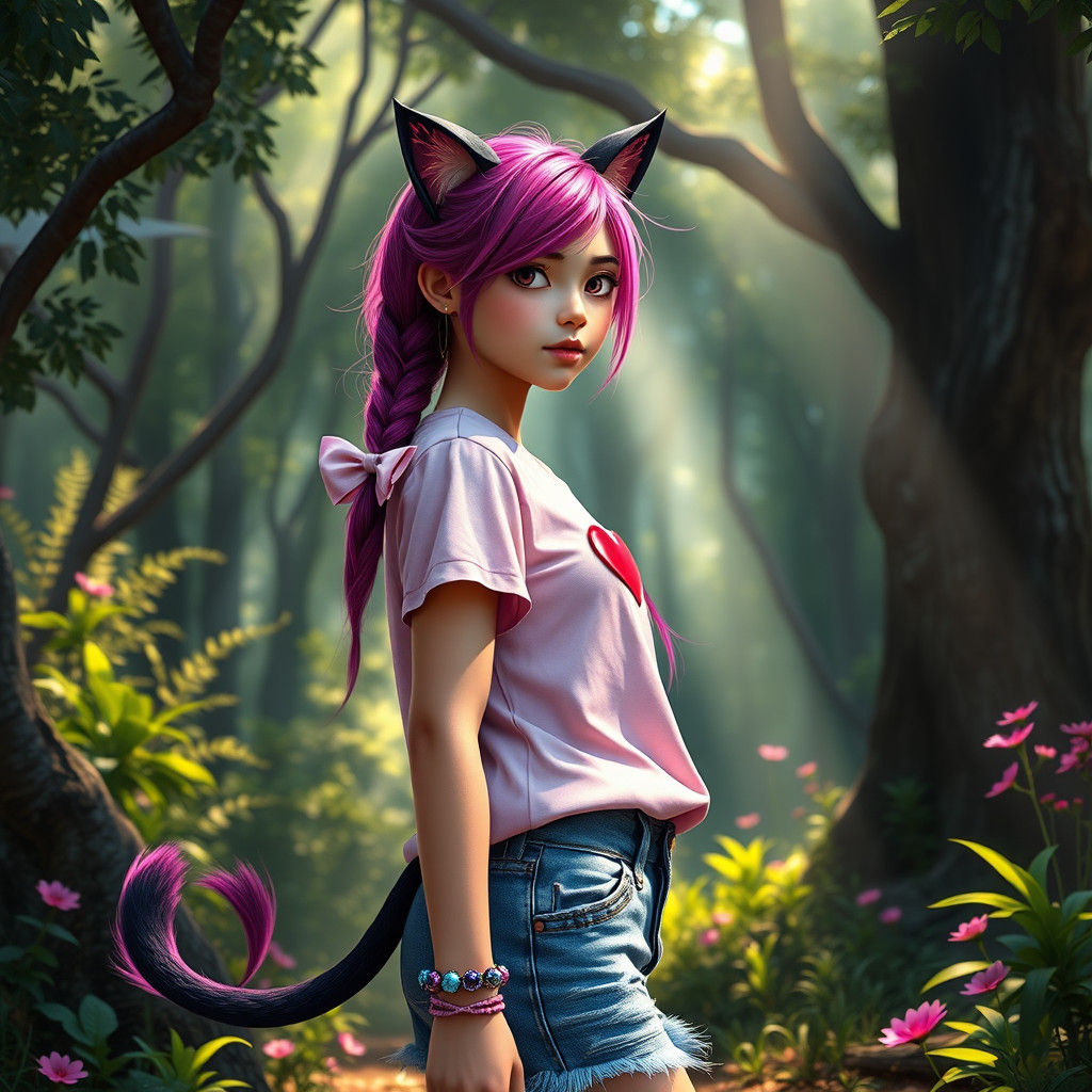 Magenta-Haired Girl in Whimsical Fantasy Forest