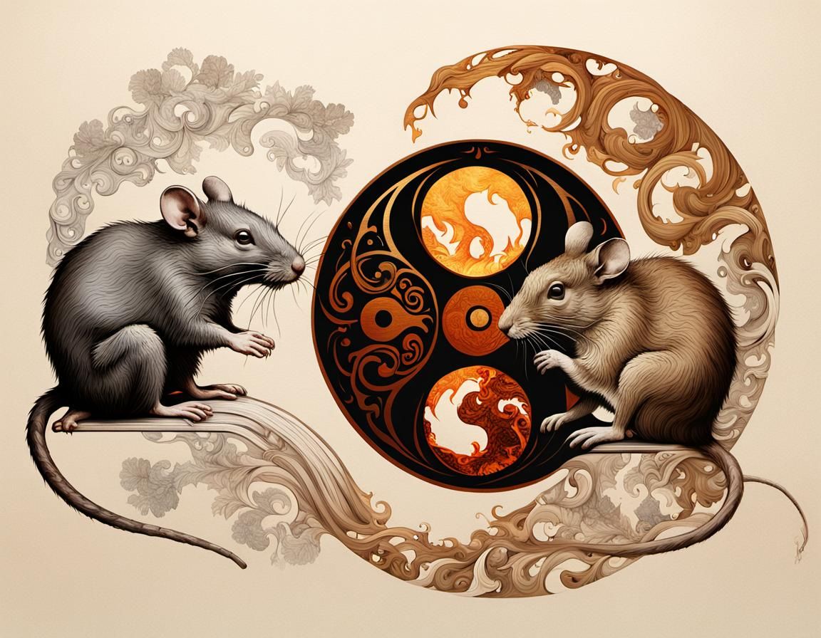 Yin-Yang: Wooden Rat and Fire Hare in Art Nouveau