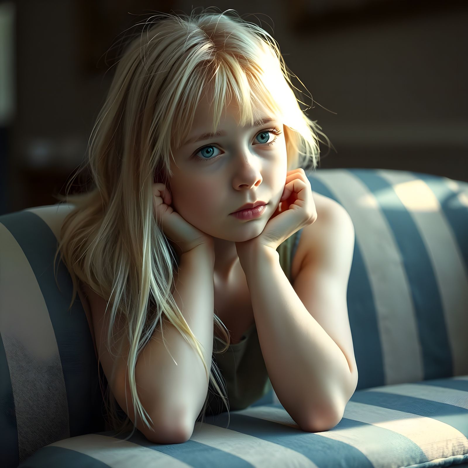 Enchanting Blonde Girl Lost in Thought in Serene Atmosphere