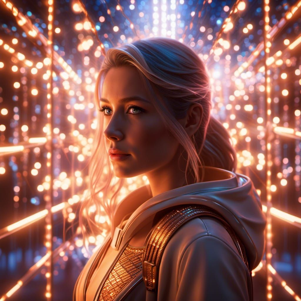 Girl Surrounded by Fiber Optic Lights in Sci-Fi Style