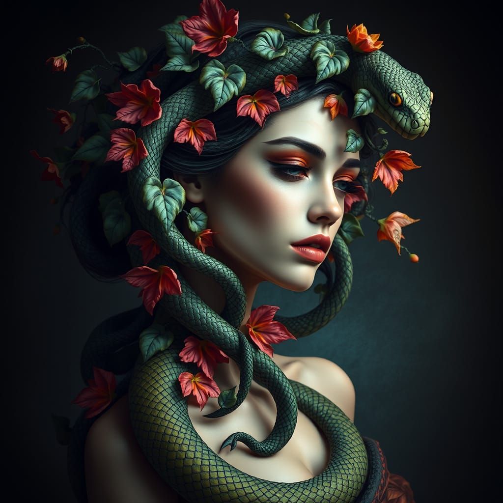 Hyper-Realistic Liana-Snake Goddess in Dreamlike Landscape