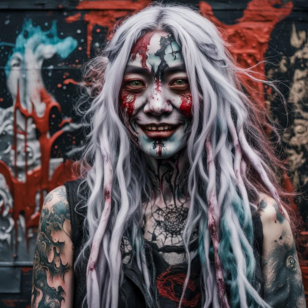 Smiling Anime Demon Girl in Grungy Swamp: Graffiti Art