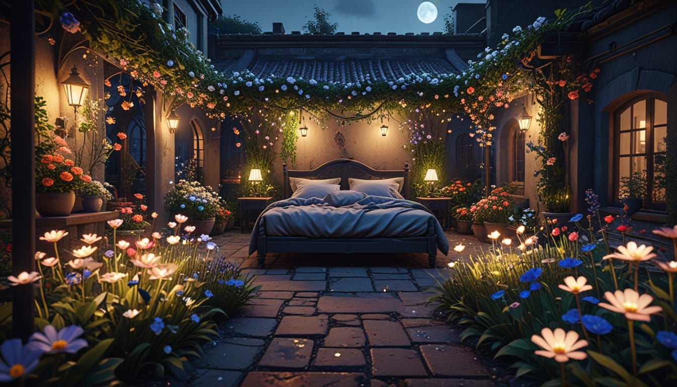 Cozy Courtyard at Night With Flowers in 3D Game Style