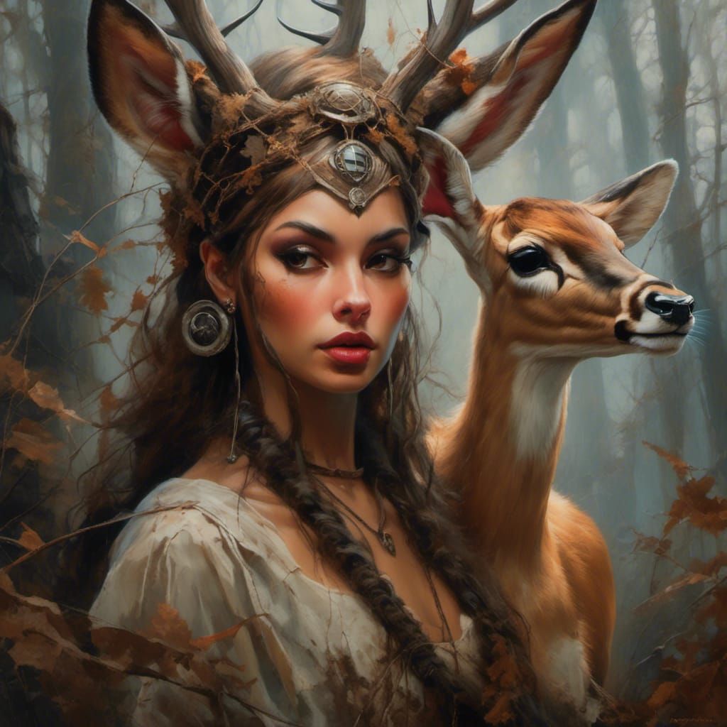 Doe-Eyed Fawn Woman in Post-Apocalyptic Acrylic Painting