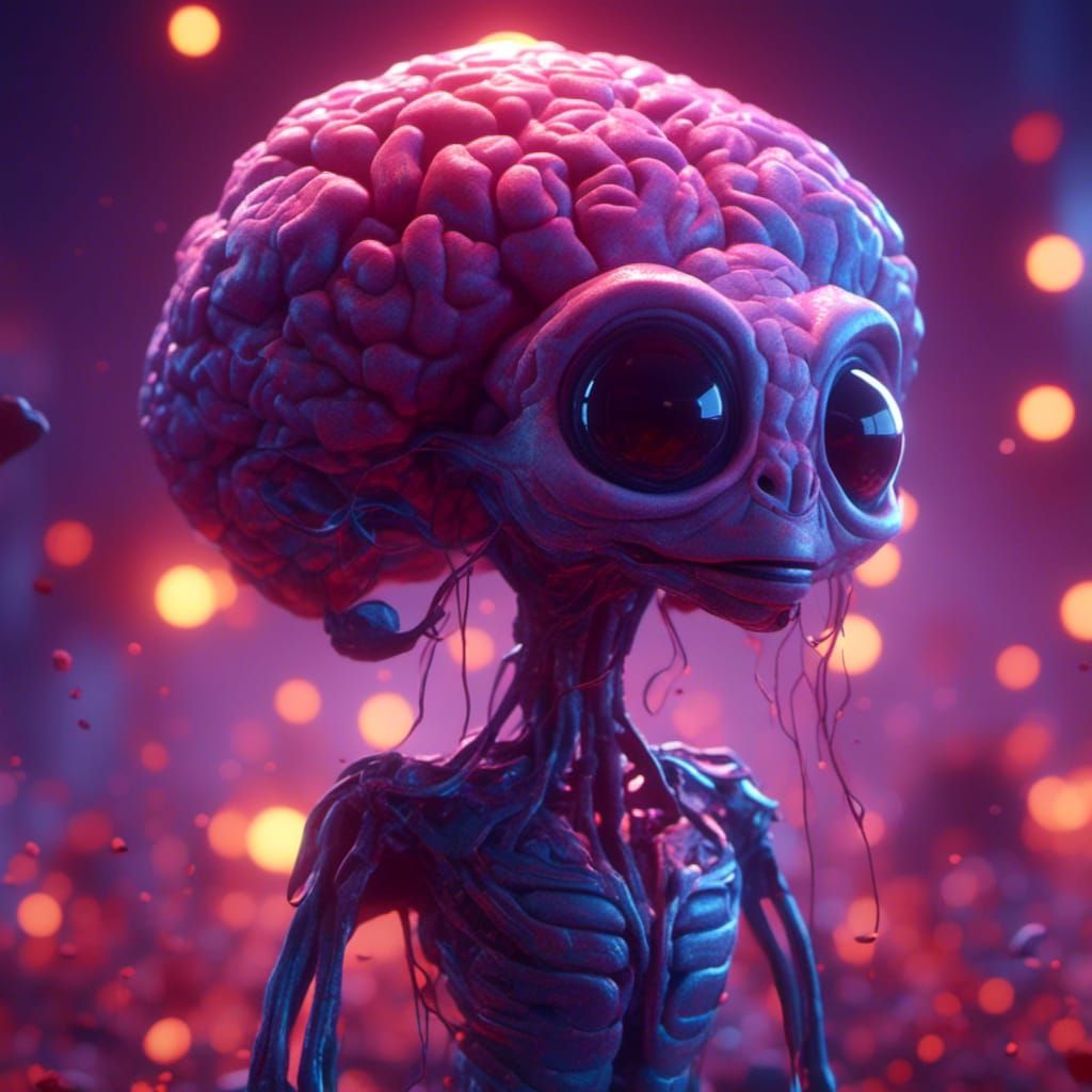 Giant Alien Brain in Pixar-Style 3D Digital Art