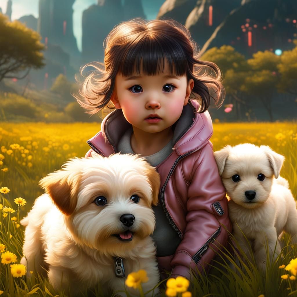 Chinese Baby Girl and Puppies in Cyberpunk Meadow