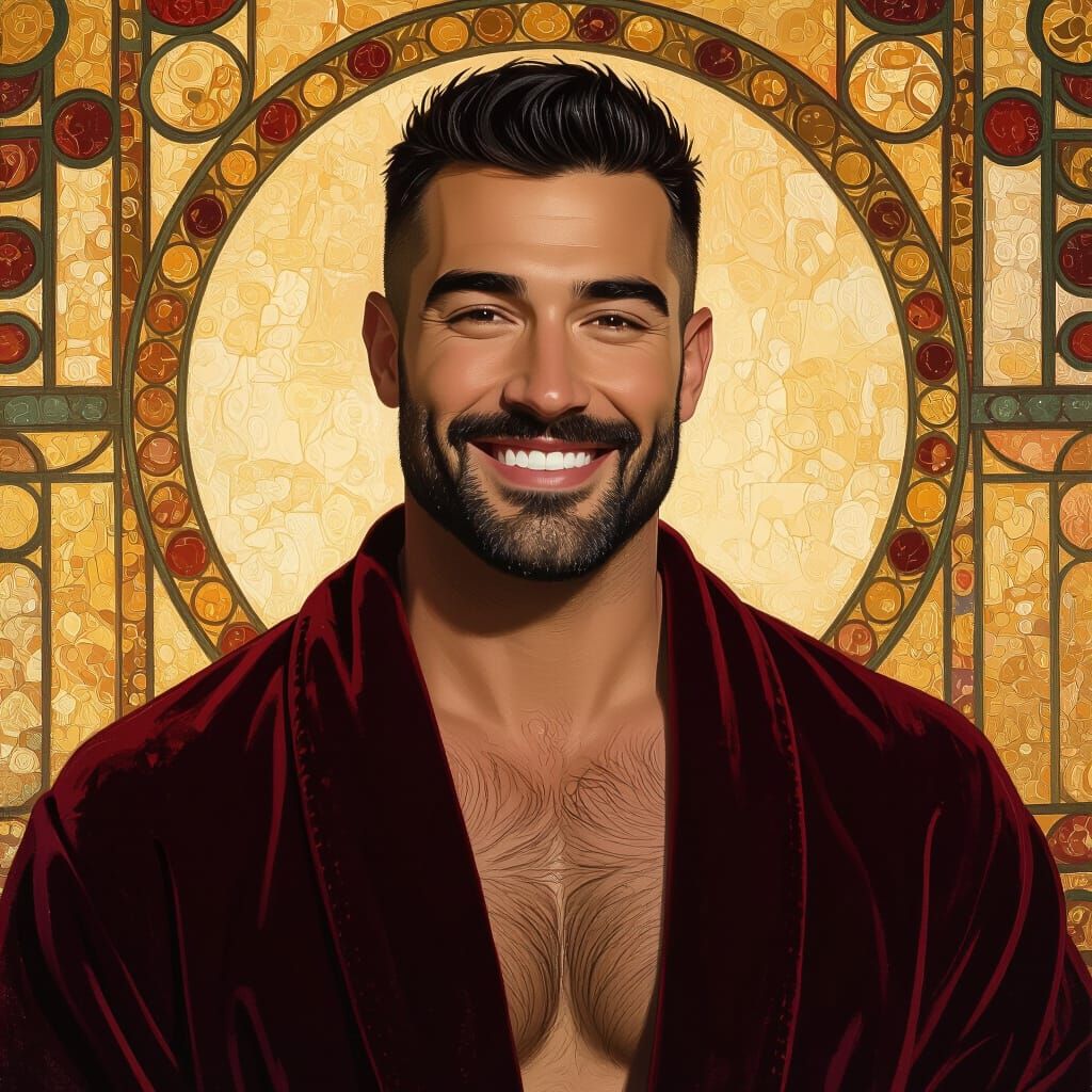 Man in Velvet Robe with Klimt-style Impressionist Background