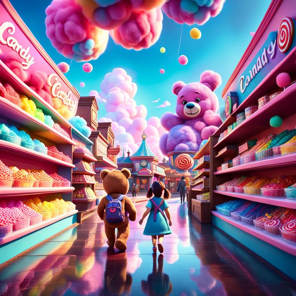 Teddy Bear and Girl at Candy Store: Pixar Style