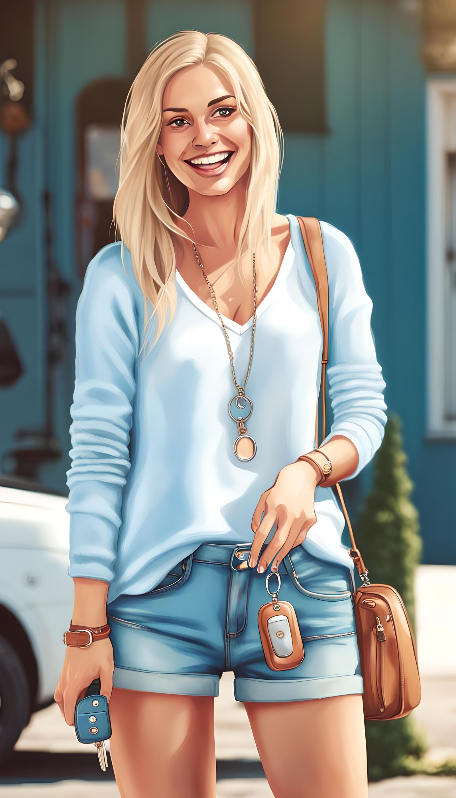 Blonde Woman in Denim Shorts with Playful Expression