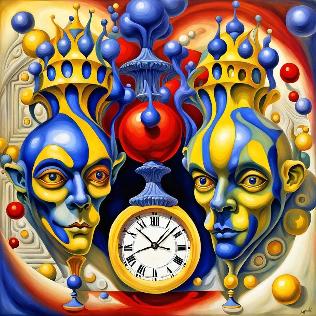 Two yellow jesters with lapiz lazuli cristal clock heads, Me...