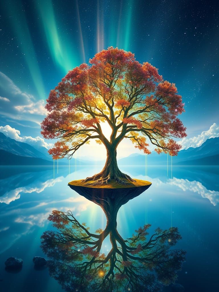 Celestial Valley with Shimmering Tree and Miniature Universe...