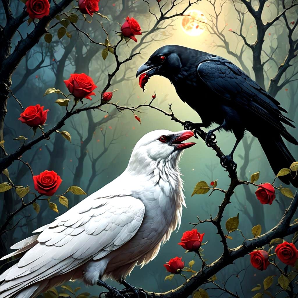 White Crow with Rose Bud in Mouth: Love Expression