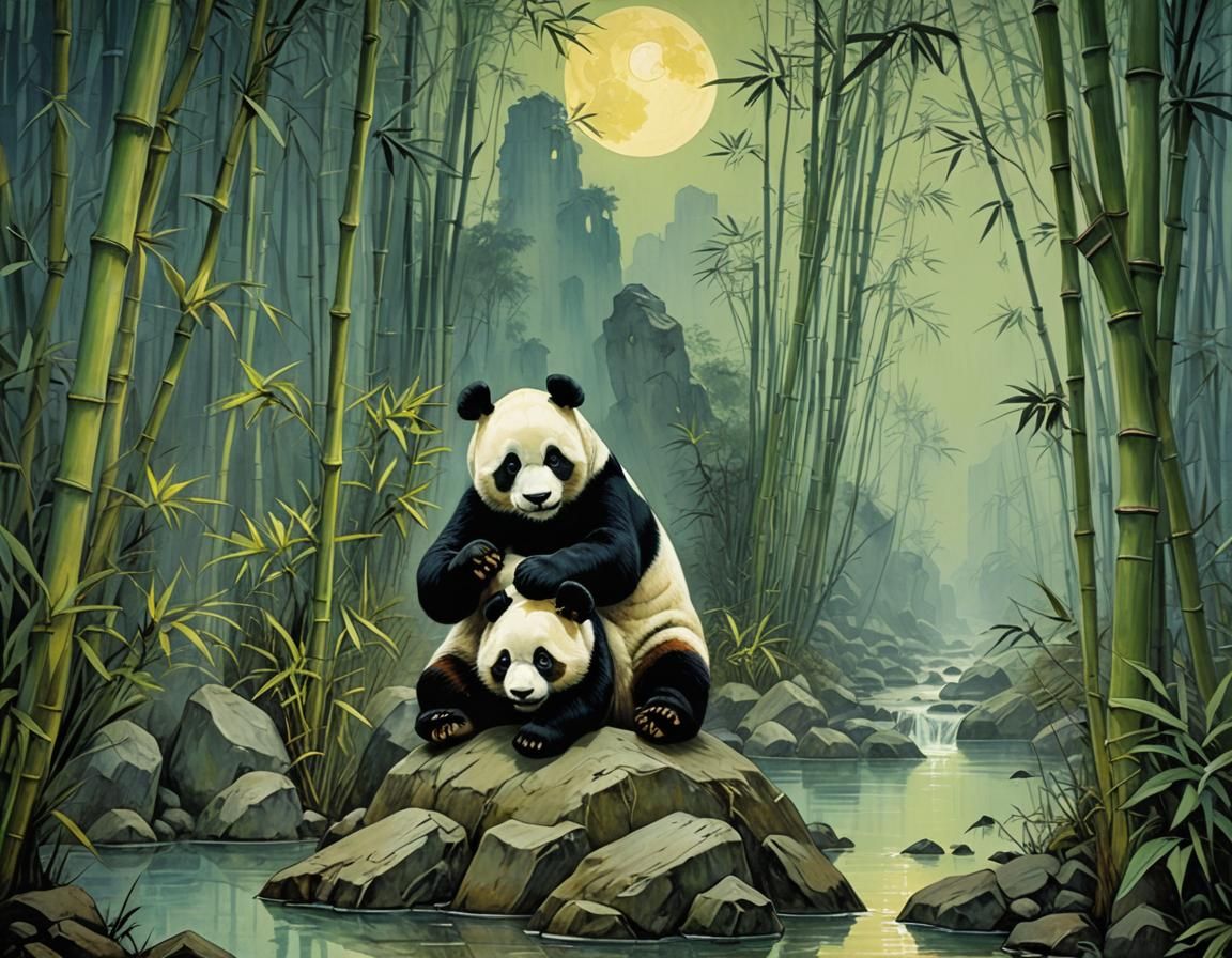 Pandas in Bamboo Forest: Neo-Cubist Impression