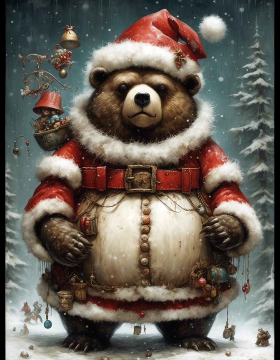 Obese Bear as Santa Claus in Snow