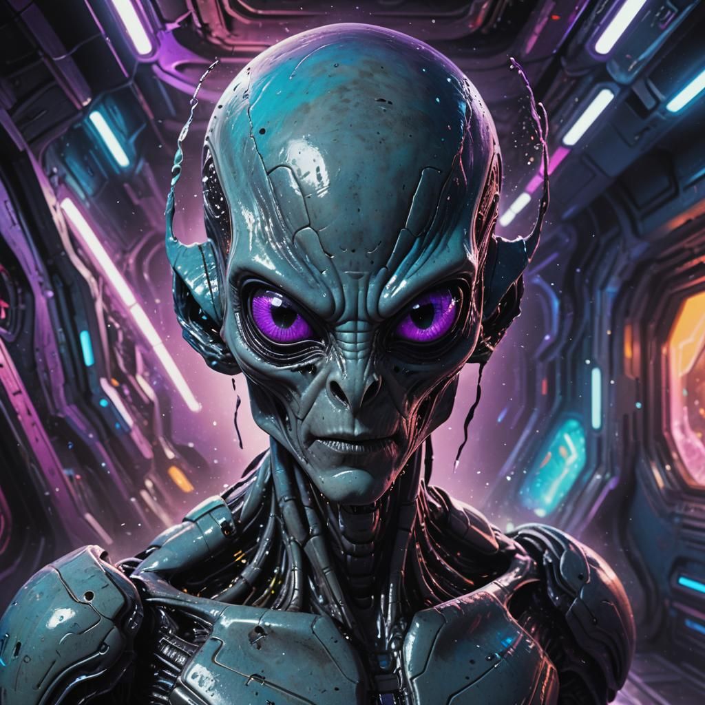 Hyperrealistic Grey Alien Portrait in Neon Spaceship