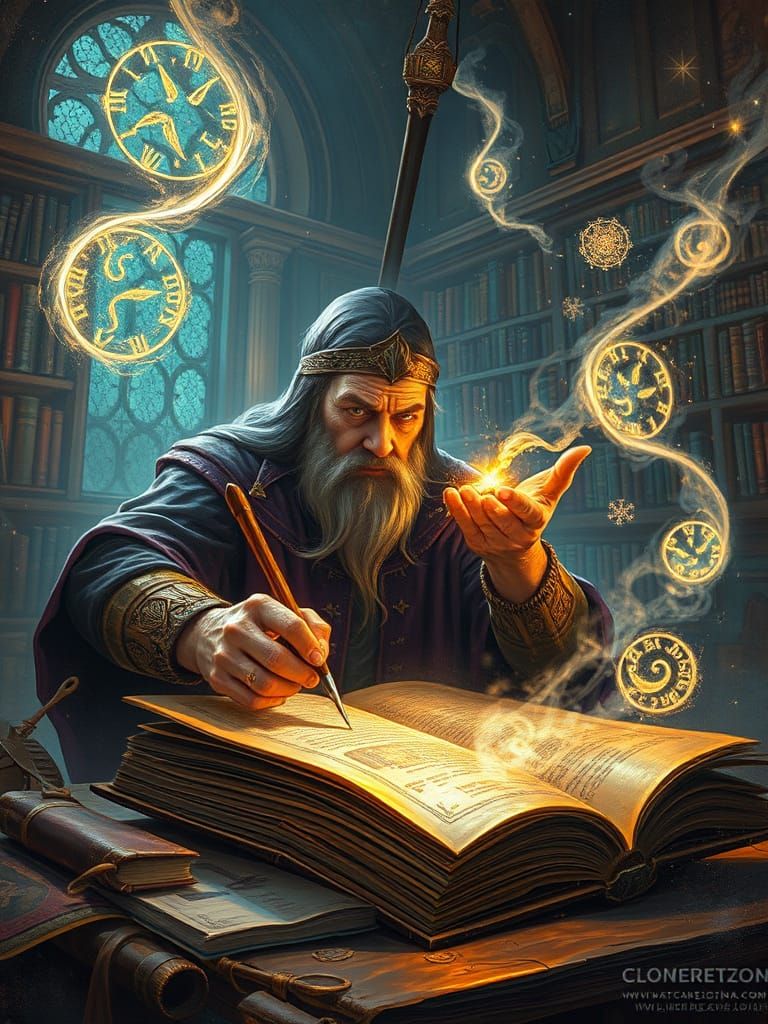 Mage Inscribes Magic Tome in Fantastical Library