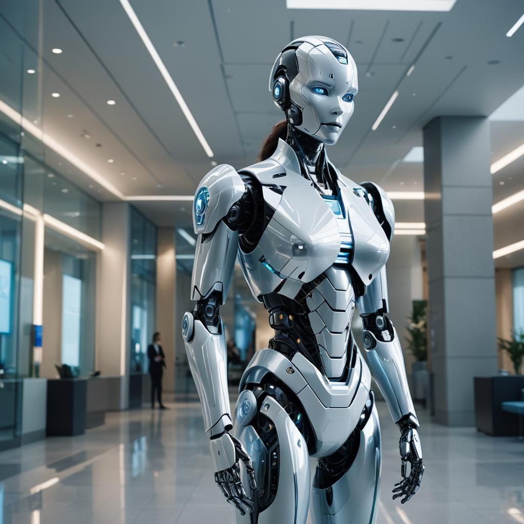 Elegant Robot in Corporate Lobby: Hyper-Realistic Digital Ar...