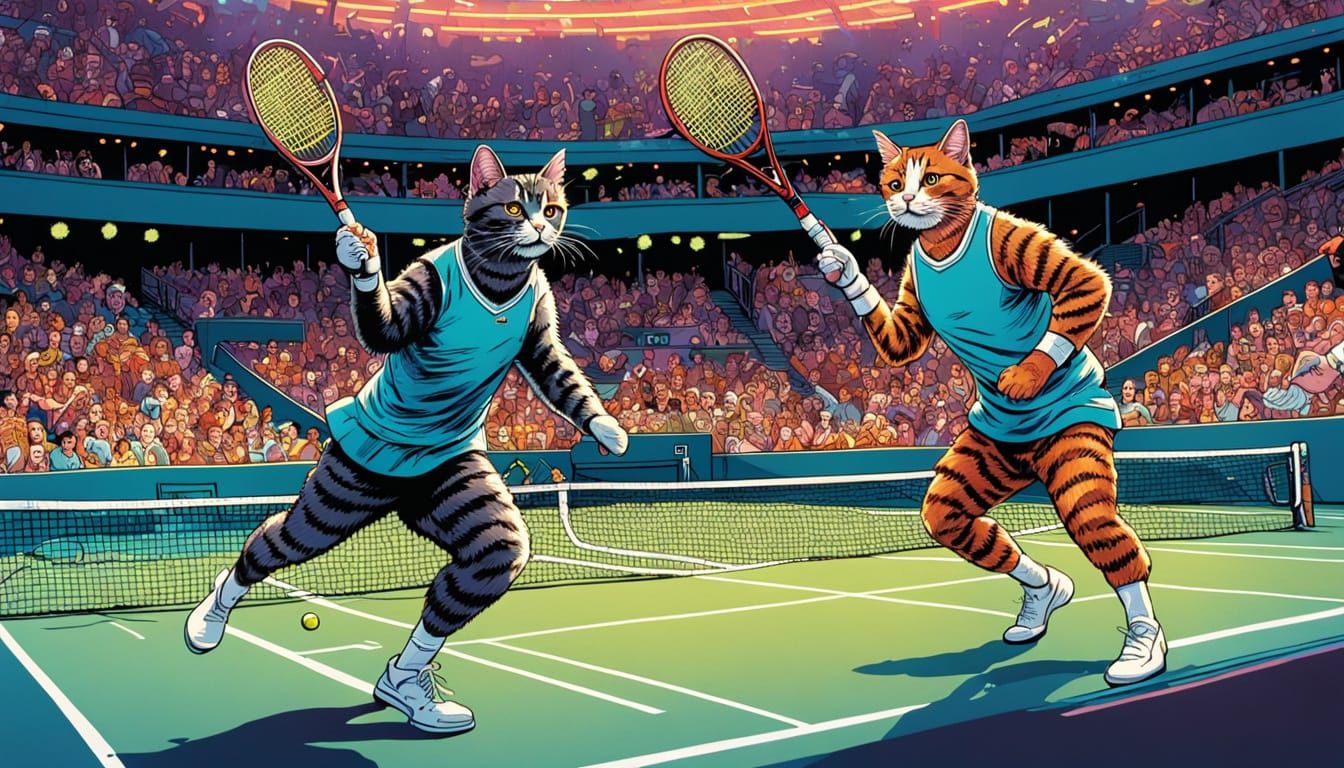 Chic Cats Play Tennis in Comic Book Art