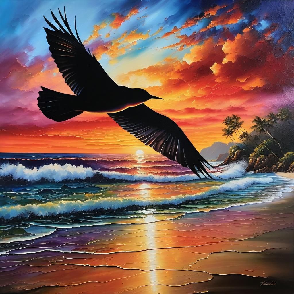 Sunset Beach Bird in Flight as Oil Painting