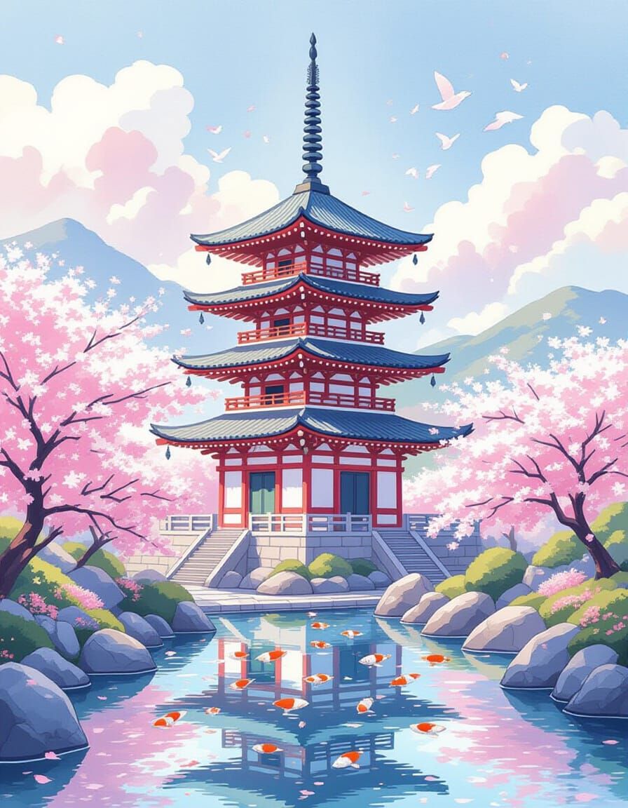 Crystal Pagoda in Fantasy Garden as Watercolor Art