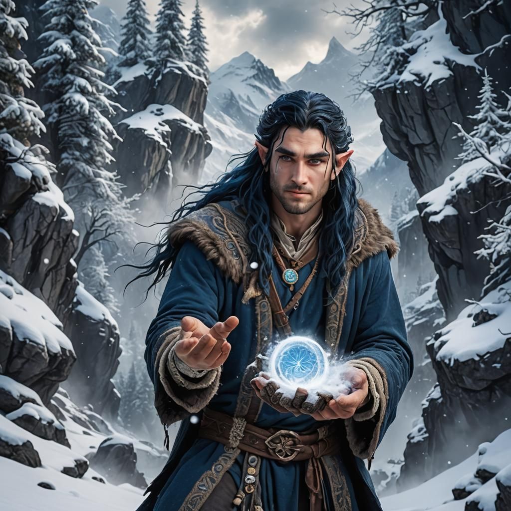 Halfling Winter Druid in Snowy Mountain Landscape