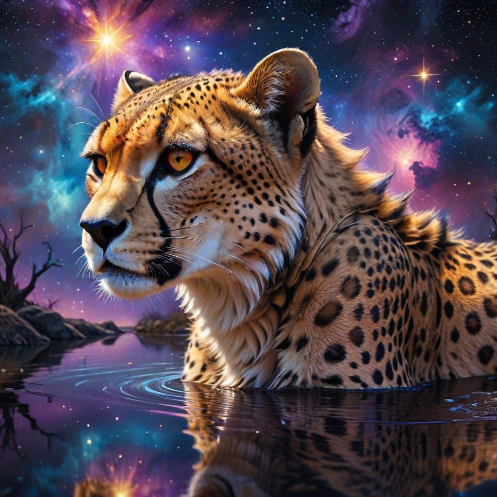 Cheetah's Reflection Under Starry Cosmic Sky