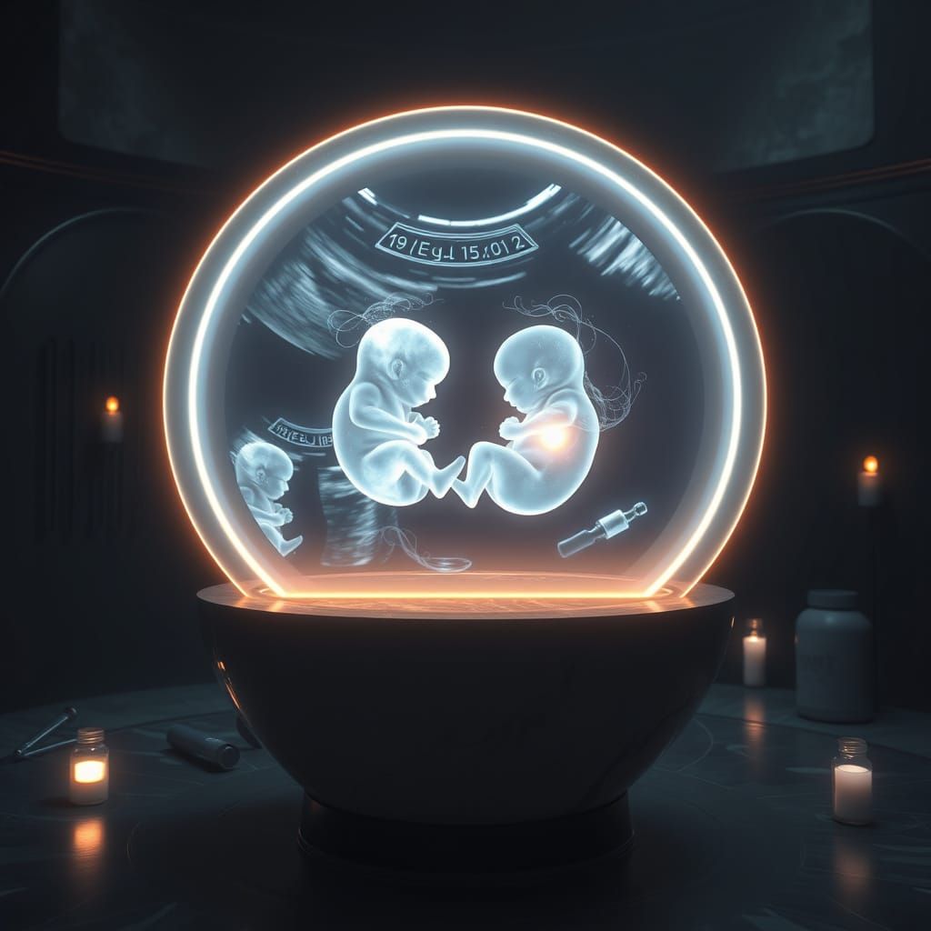 Glowing Hologram of Fetuses in Healing Chamber