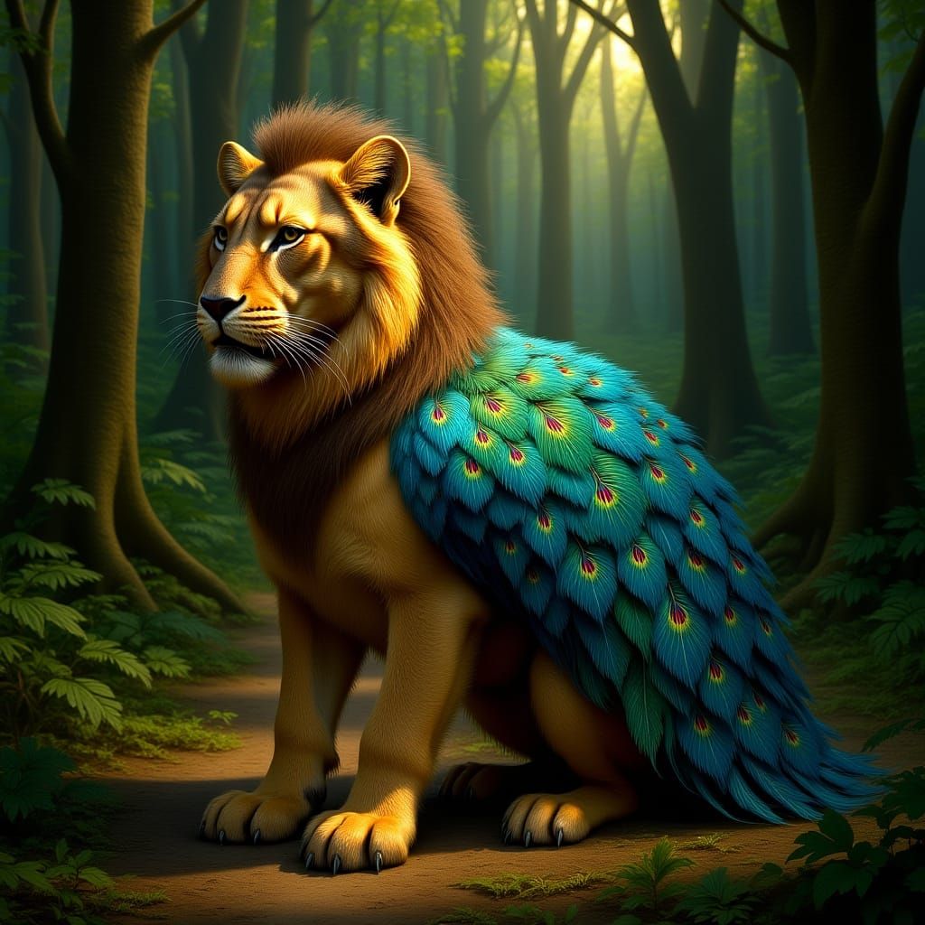 Lion With Peacock Wings in Ancient Forest