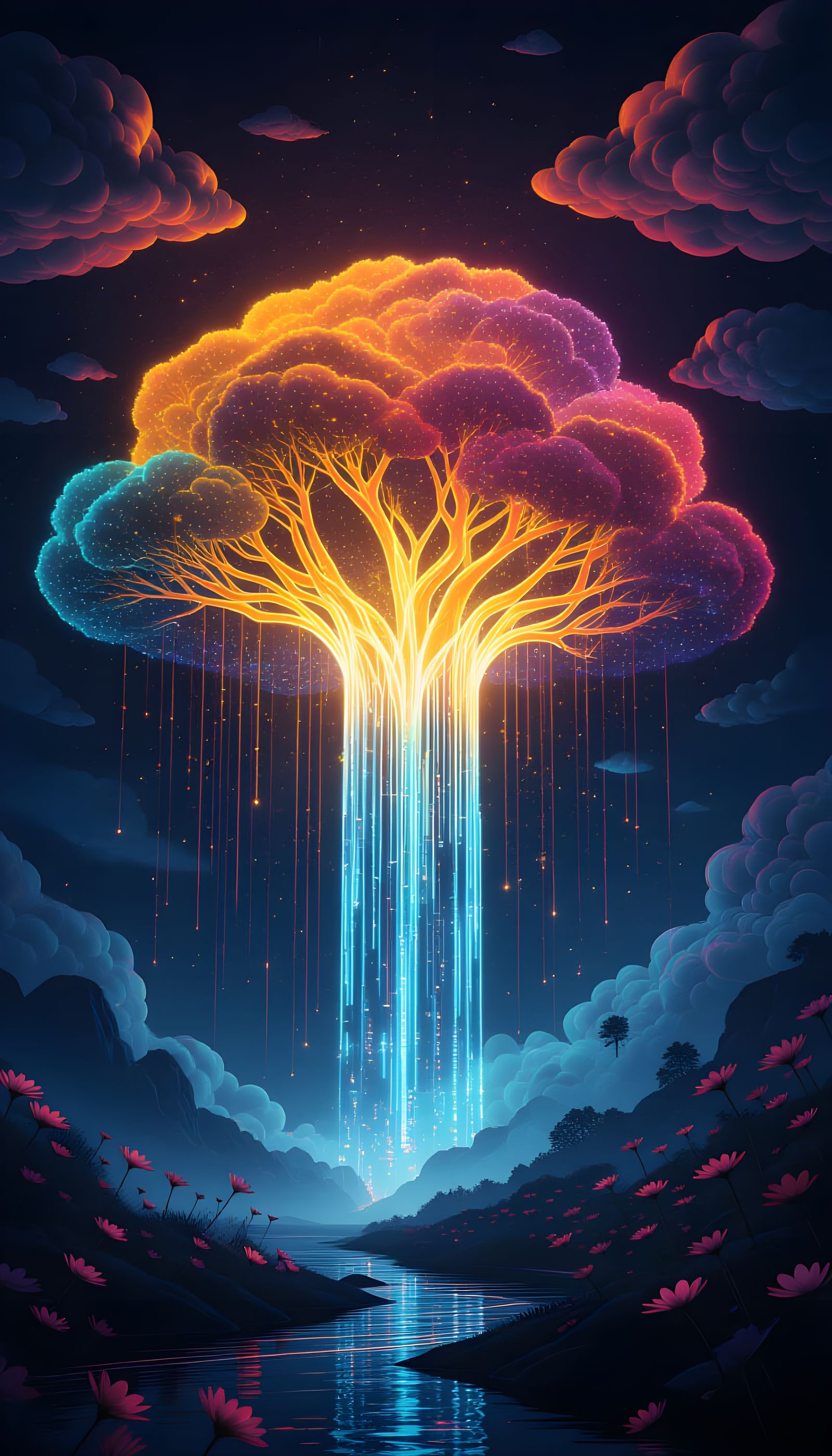 Futuristic Neural Tree With Data Waterfall and Light Flowers