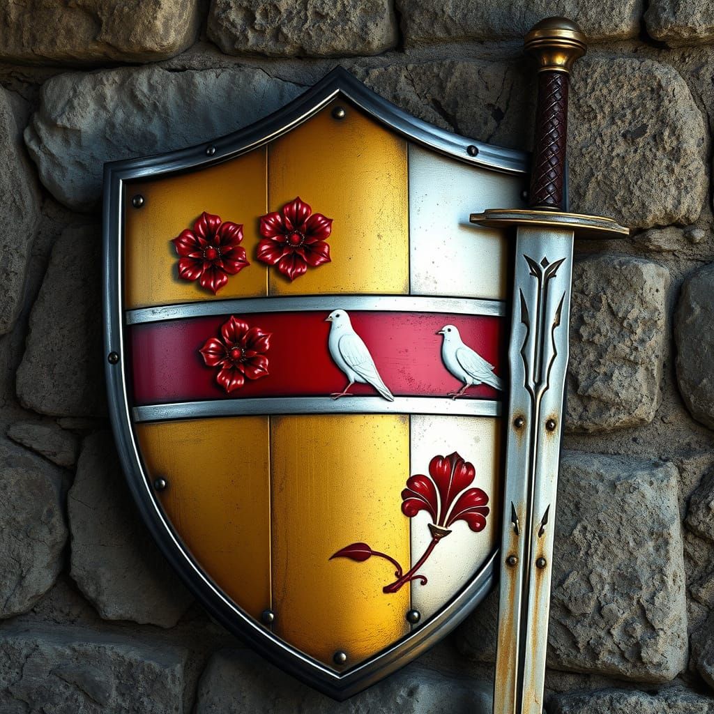 Medieval Shield with Golden, Red, and White Heraldic Design