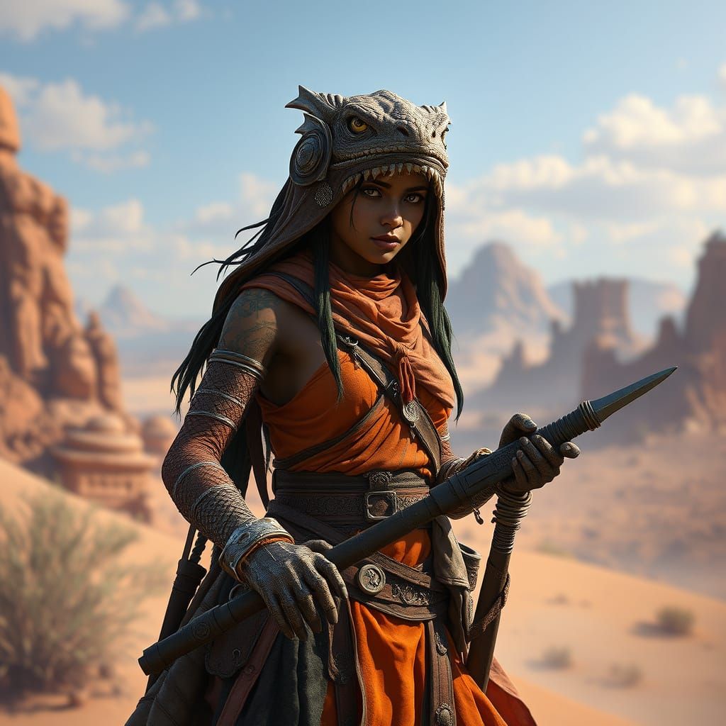 Fantastical Lizardfolk Warrior in the Desert