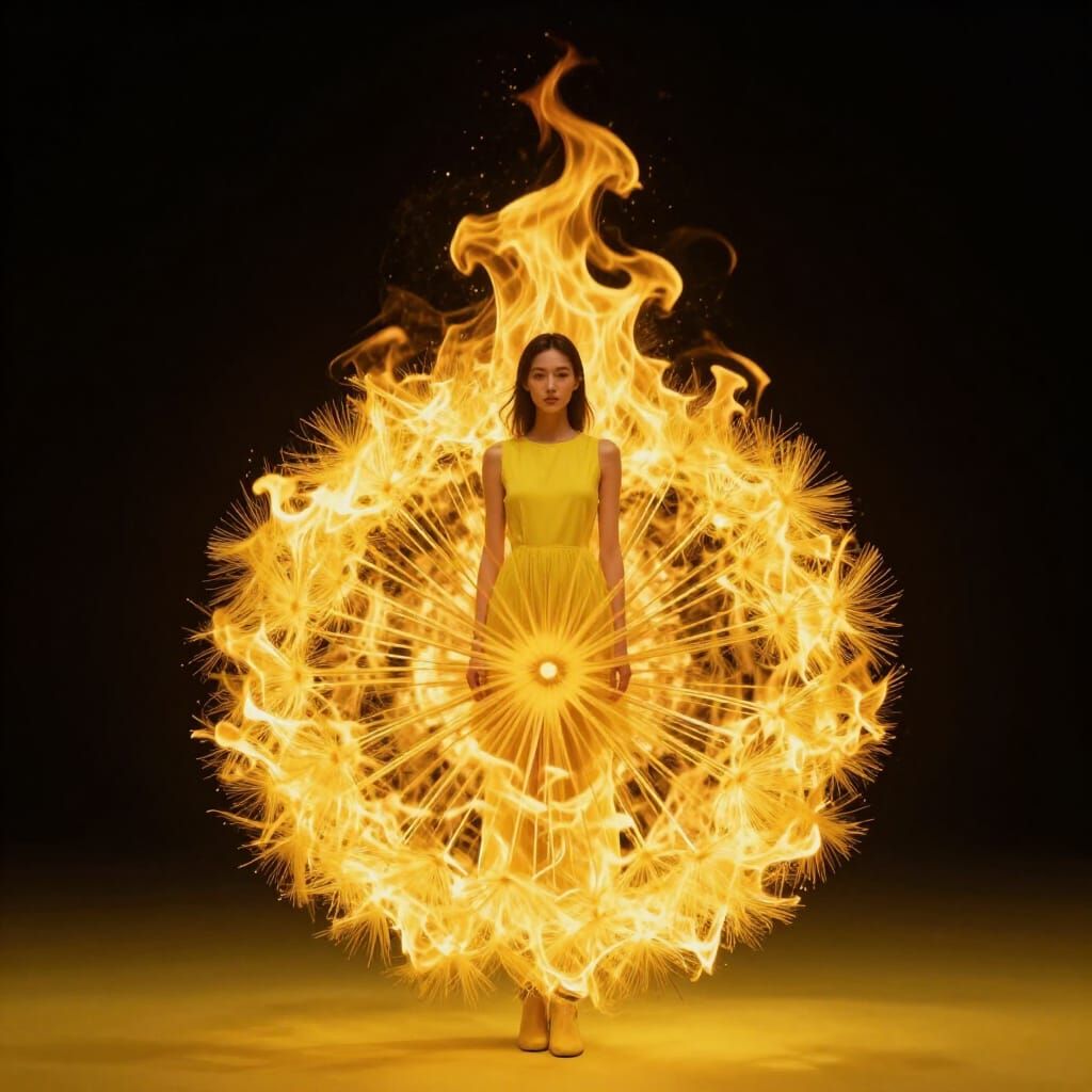 Vivid Yellow Flames and Dandelion in Minimalist Style