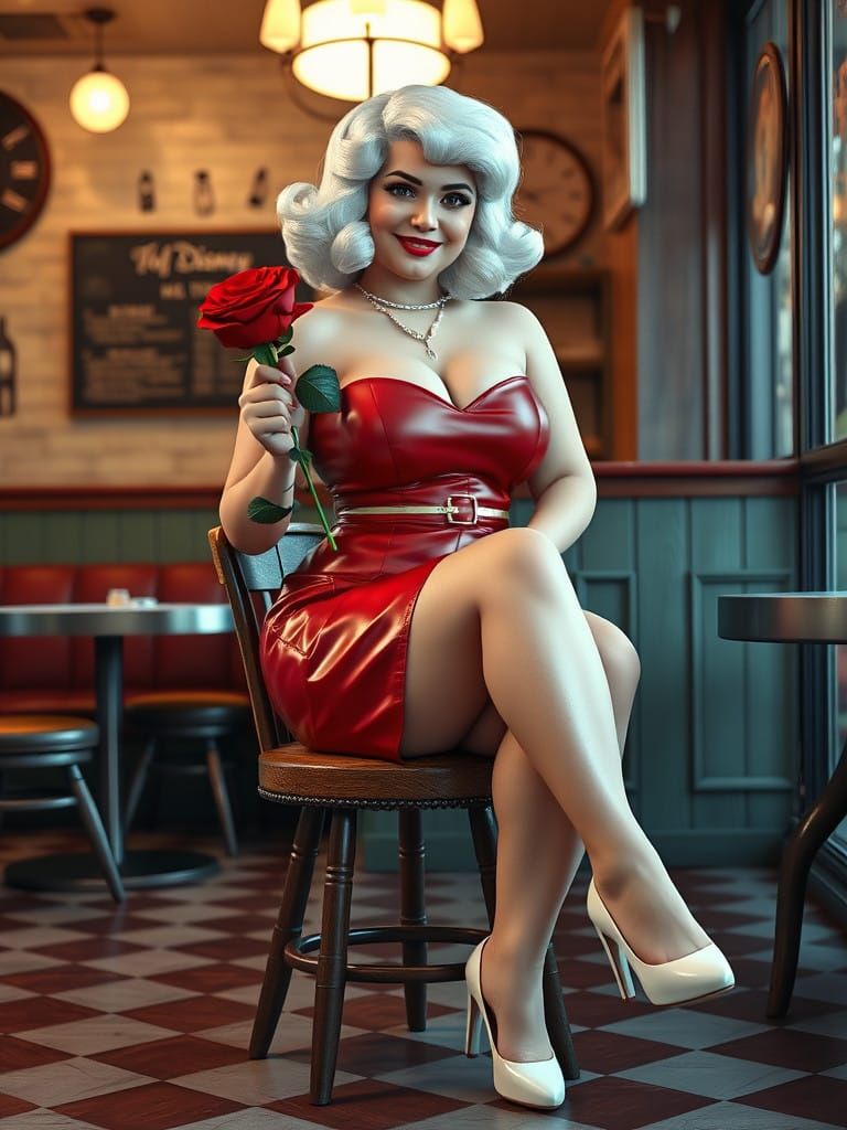 Snow White in Red Dress, Whimsical 50s Style Portrait