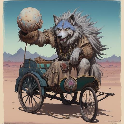 A comically arrogant wolf shifter wearing an oversized tarni...